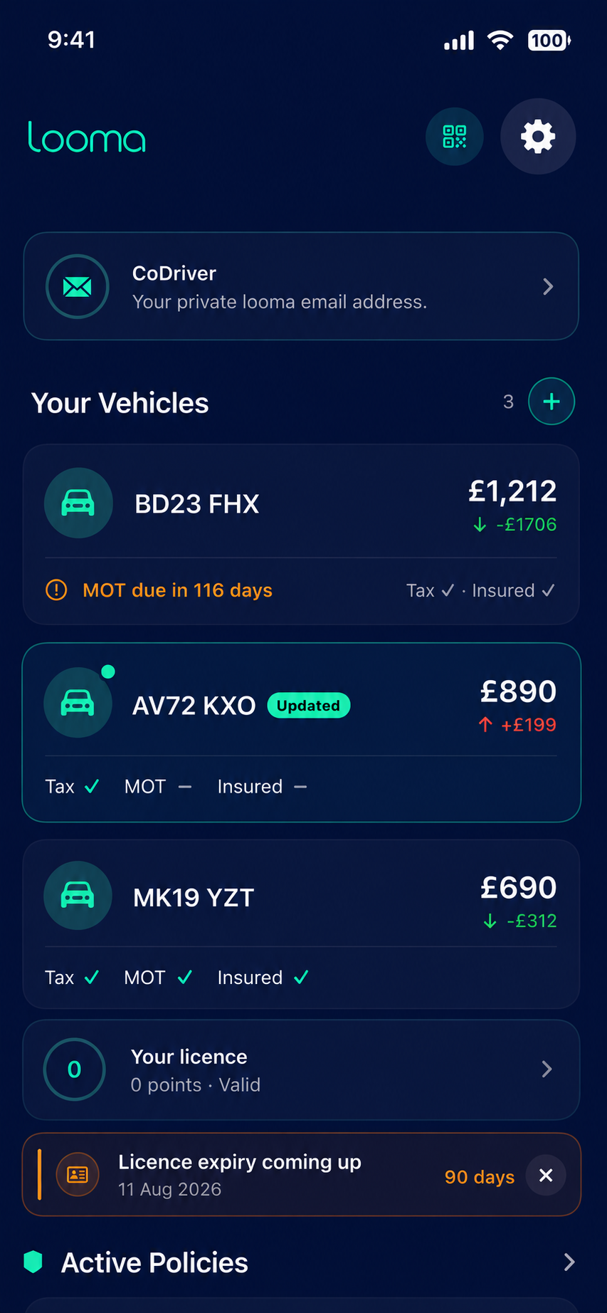 Looma app — your vehicles overview
